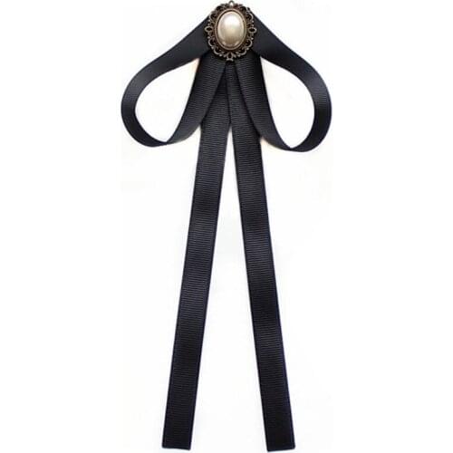 Y1UE Imitation Pearl Ribbon Brooches Pin Bow Tie Vintage Pre-Tied Collar Jewelry Bowknot Shirt Necktie Clip for Women Girls