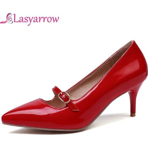 Lasyarrow Plus size 30-48 Patent PU leather women pumps fashion sexy pointy shallow shoes woman high heels party shoes black red