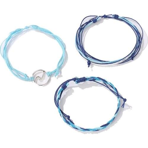 Simple Dark Light Blue Black White Ropes Hollow Alloy Circle Sea Wave Woven Bracelets for Women 3pcs/set