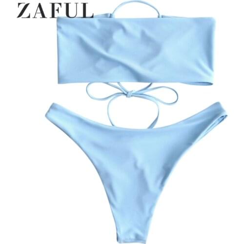 ZAFUL Bikini Set Strapless Unlined Back Lace-Up Bandeau Top And Low Rise Swim Bottoms Women Low Waisted Padded Beach Swimwear