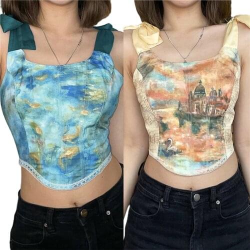 Womens Sexy Chic Corset Crop Tops Vintage Printed Sleeveless Bow Tie Strap Irregular Bustier 3 Colors