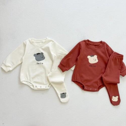 2021 Autumn New Fashion Baby Boys Long Sleeve Bodysuit Cartoon Bear Print Solid Color Cotton Jumpsuit Kids One Piece Clothes