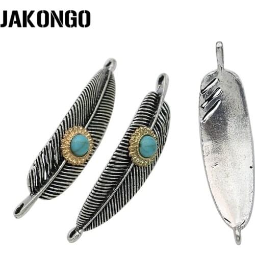 JAKONGO Antique Silver Plated Vintage Feather Connectors for Making Bracelet Handmade DIY Jewelry Accessories 46mm*12mm 5pcs