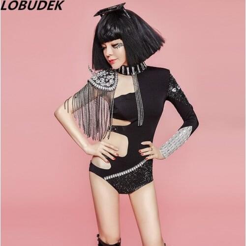 Black Tassel Sparkly Crystals Bodysuit Sexy Hollow out Women Stage Costume Bar DJ Female Singer Dance wear Jazz Team Club Outfit