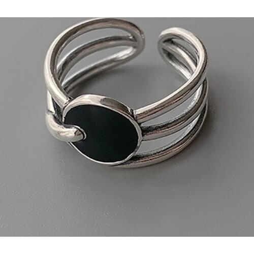 925 Sterling Silver Black Round Irregular Stackable Line Ring For Women Adjustable Simple Designer Rings Fashion Jewelry