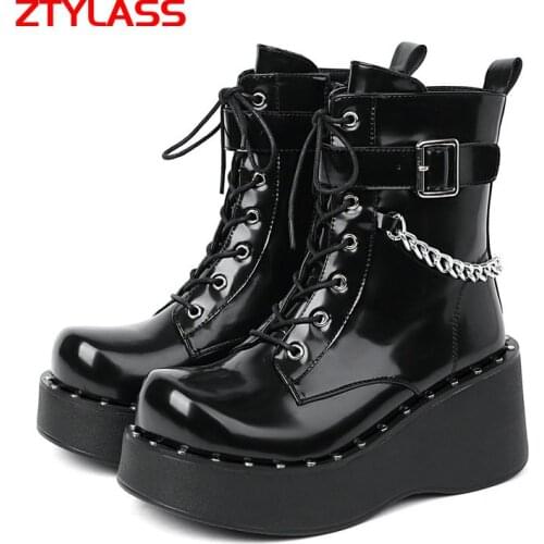 Spring Autumn Platform Women Boots Fashion Chain Martin Boots Wedges Heel Ankle Boots Buckle Zipper Winter Woman Shoes Black