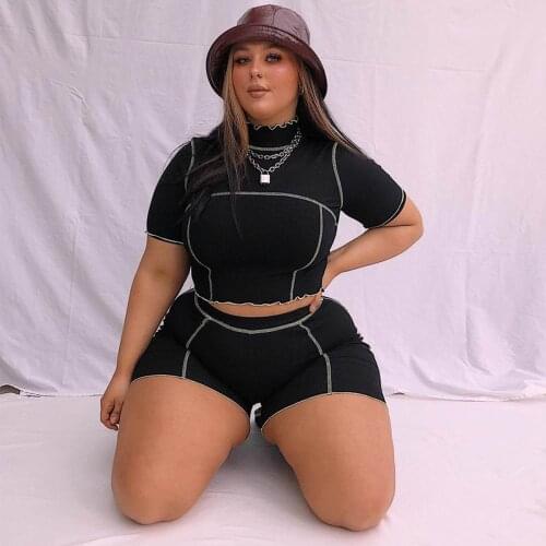 Womens Plus Size 2 Piece Outfit Sports Tracksuit Color Block T Shirt Tops Shorts Jogger Set