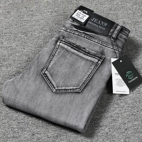 Brand Spring Autumn Jeans Men Cotton Business Stretch Straight Vintage Gray Classic Trousers Denim Pants Mens 29-35 40