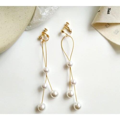 Temperament Long Imitation Pearls Tassel Clips Earrings Without Piercing Hole Simple Elegant Round Pearls Pendant Clip Earrings