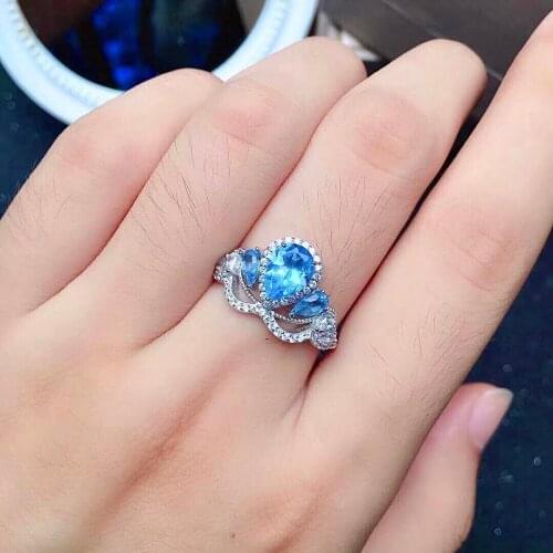 Vintage Silver Gemstone Crown Ring for Party 100% Natural Light Blue Topaz Ring Solid 925 Silver Topaz Jewelry