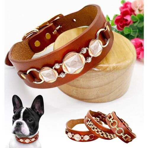 Leather Dog Collar Durable Real Leather Dogs Collars Bling Rhinestone Cool Metal Dog Accessories for Small Medium Dogs