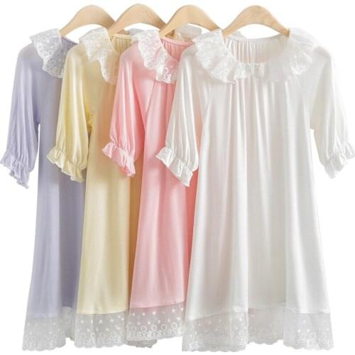 Summer Teen Girls Nightgown 2021 New Kids Pajamas Cute Lace Modal Short Sleeve Nightdress For Big Girls Childrens Night Clothes