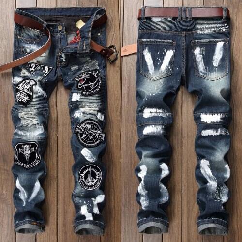 2021 Men’s Badge Patched Slim-fit Jeans,Hard Washed Distressed Ripped Biker Jeans,Hole&Painted Motor Jeans,Youth Must