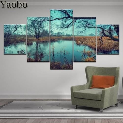 3D Diy Full Square diamond Painting Cross Stitch kits forest tree scene Lake Diamond Mosaic Pattern Diamond Embroidery 5 pcs set