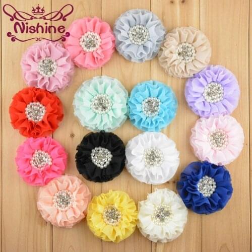 Nishine 50pcs/lot 4 Inch Large Beaded Chiffon Fabric Flowers With Pearl Rhinestone Hair Accessories DIY Headwear Supply