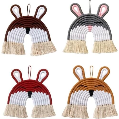 Nordic Handwoven Macrame Rabbit Tapestry Cotton Rope Animal Wall Hanging Pendant G99C