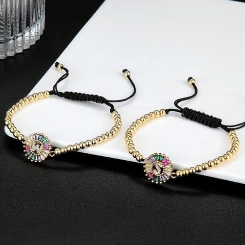 2020 New 26 Letter Rainbow Zircon Bracelet Gold Color Weave Adjustable Alphabet Bracelet Bangles for Women Couple Girl Jewelry