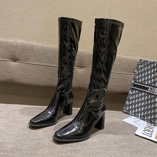 2021 new autumn and winter fashion short boots female temperament thick heel square toe elastic patent leather high-heeled boots