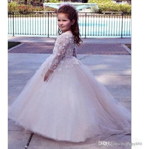 Long Sleeve Flower Girl Dresses For Wedding Sheer Neck Lace Appliques Puffy Tulle Pageant Dress Kids Formal Prom Dresses Cheap