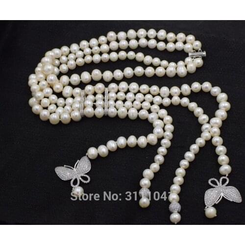 2rows freshwater pearl near round 8-9mm +butterfly pendant necklace 24inch wholesale beads nature