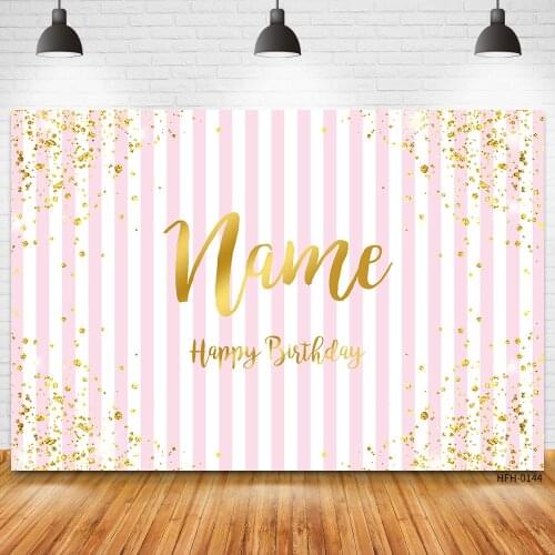 Custom Name Newborn Baby Boy Girl Princess Birthday Party Photography Backdrops Pink Stripe Gold Glitter Photocall Backgrounds