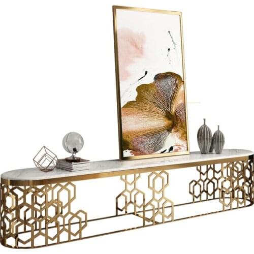 Luxury gold stainless steel TV cabinet coffee table combination set post-modern marble face simple living room