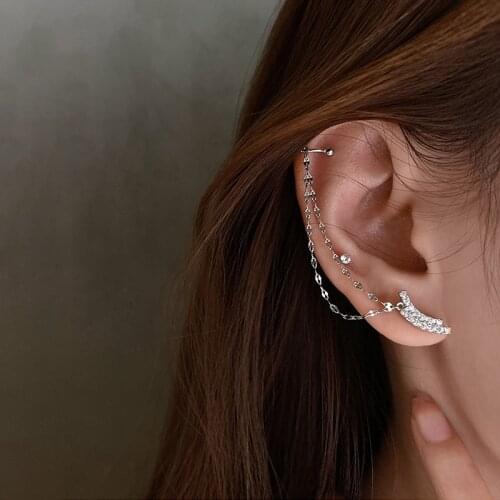 925 Sterling Silver 1-piece Curved CZ Tassel Clip-On Earrings for Women Geometric Ear Cuff Earring Party Jewelry Gifts S-E1356