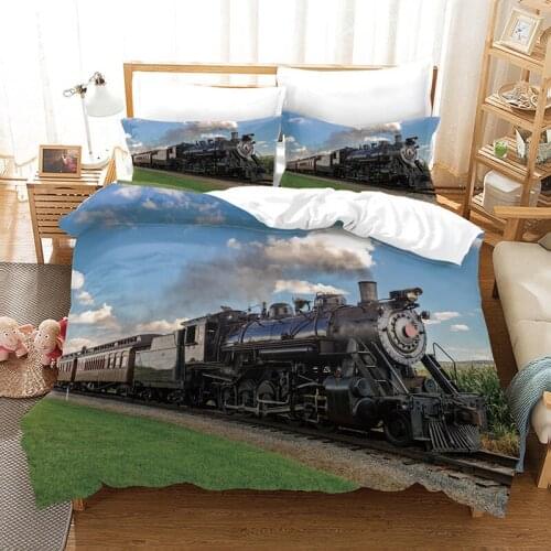 Steam Engine Train Pattern Polyester Microfiber Duvet Cover Automobile Theme Decorative 2/3 Piece Bedding Set with Pillowcases
