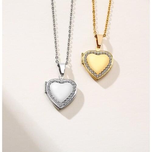 Heart Necklace Pendant For Women Zircon Crystal Gold-color Stainless Steel Love Romantic Openable Photo Box O Chain Lady Jewelry