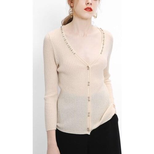 High quality 100%wool knitted womens fashion crystal beads cardigan sweater 3quarter-sleeve beige M/L