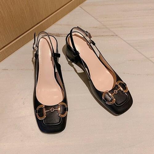 2021 Retro Shoes for Women Summer Thick Heels Pumps Female Genuine Leather Top Quality Working Party Women Sandals