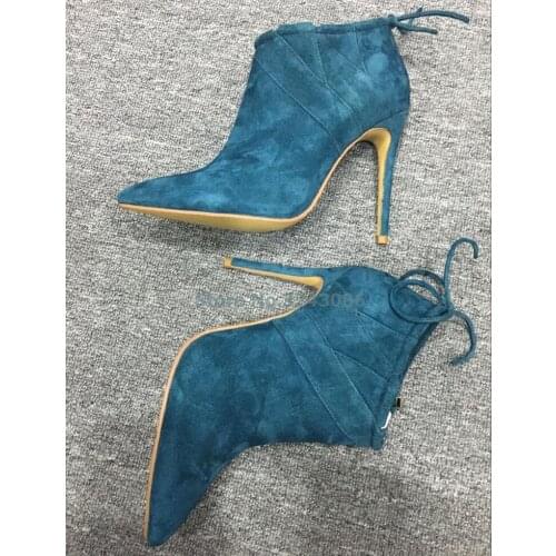 New Arrival Suede Pointed Toe Lace Up Bowknot Ankle Boots Blue Black White Brown Nubuck Zip Sewing Women Short Boots