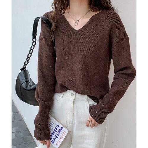LJSXLS Korean Fashion Clothes V Neck Pullovers Women 2021 Autumn Winter Casual Loose Female Sweater Black Long Sleeve Knit Tops