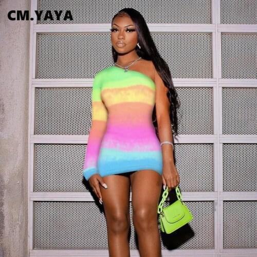 CM.YAYA Women Dress Gradient Color One Shoulder Full Sleeve Skew Collar Sheath Elastic Mini Dresses Sexy Club Outfit Summer 2021