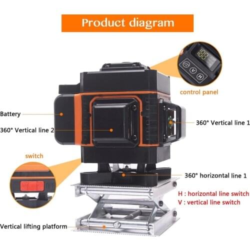 LCD Screen Displays 3D12 Line Green Laser Level Meter,Self-Leveling Strong Cross Green Line,360 Degree Level Meter Vertical Line