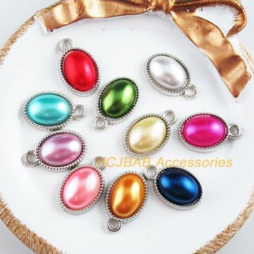 30 New Oval Charms Dull Silver Plated Retro Acrylic Pendants 13x21mm