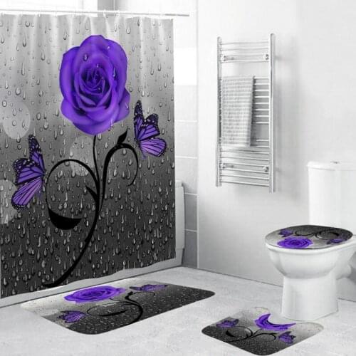 3D Digital Printing Purple Flowers Shower Curtain Waterproof Polyester Bathroom Curtain Red Shower Curtain Set Bath Mats Rugs
