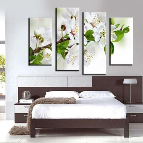 Unframed 4 Panel White Pear Blossom Flower Larage HD Print Painting Modern Oil Painting For Living Room Home Wall Decoration