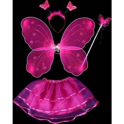4Pcs Fairy Princess Kids Costume Sets Butterfly Wings Wand Headband Tutu Skirt