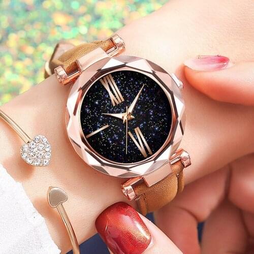 Women Watch Star Sky Dial Clock Luxury Rose Gold Fashion Womens Bracelet Quartz Wrist Watches For Women Girls