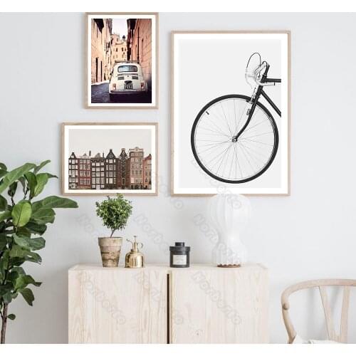 European Vintage Home Decoration Canvas Painting Old Pictures Building Car Bicycle Wall Poster Living Rooms Bedroom Decoration