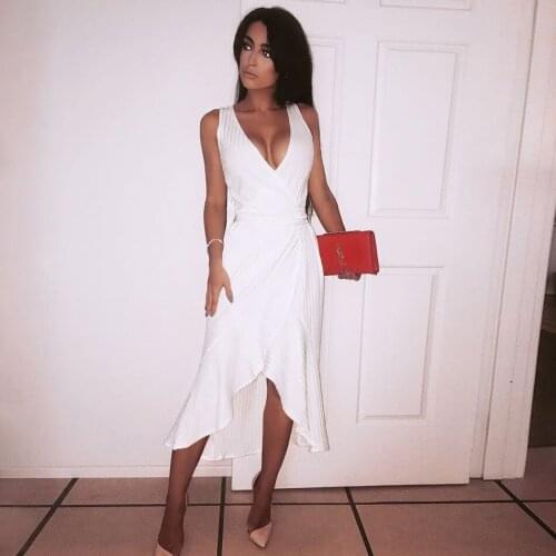 Graceful Ruffle Crossover V Neck Rib Cold Shoulder Sleeveless Scalloped Over Knee Bandage Dress