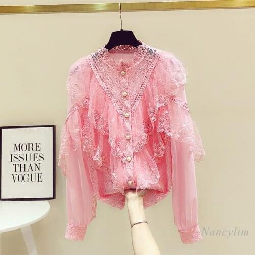 Lace Chiffon Blouse Women New Stand Collar Long Sleeve All-Matching Shirts Girls Ladies Tops Blusas Mujer White Pink 2021