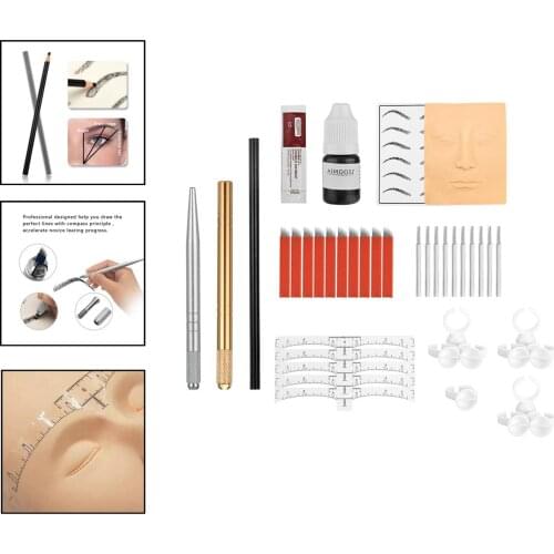 Permanent Eyebrow Tattoo Practice Kit Set Pen Needle Pigment Ink Practise Skin Tool Ring Cup