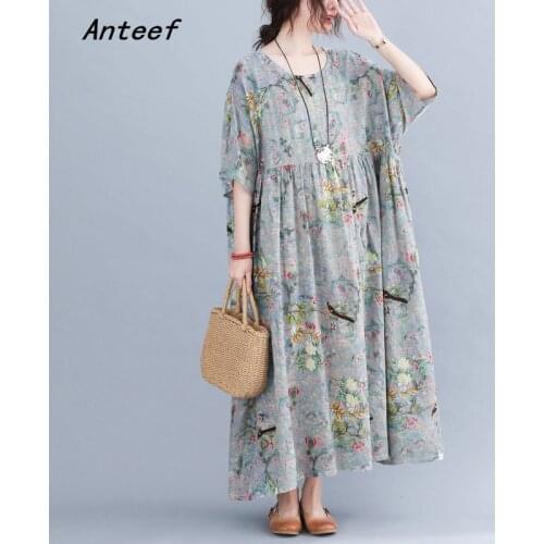 Short sleeve cotton vintage floral dresses for women casual loose long summer dress elegant clothes 2021 sundress