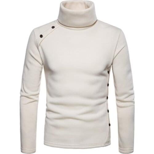 New Mens Winter Pullover Sweaters White 2019 Solid Slim Cotton Full Sleeve Button Decoration Turtleneck Sweater Warm Promotion