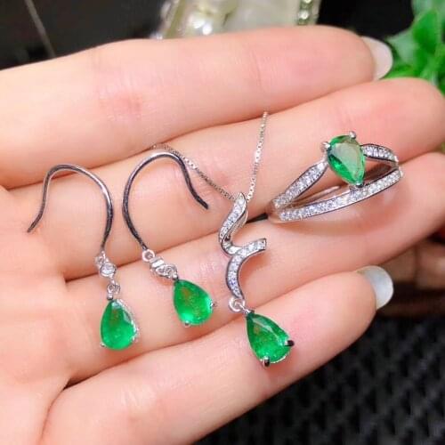 Natual green emerald gemstone ring hook earrings and necklace jewelry set for women water drop style natural gem real 925 silver