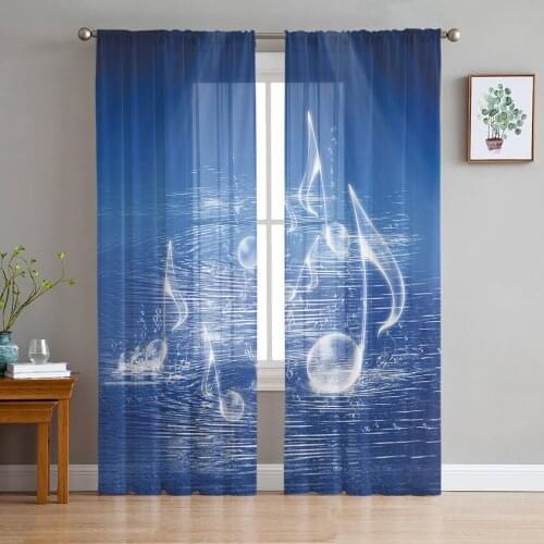 Blue Music Symbol Print Sheer Window Panel Curtains Room for Living Room Bedroom Kitchen Room Chiffon Tulle Curtains