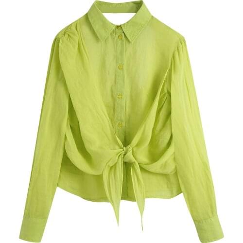 Spring Autumn Womens Fashion Sexy Backless Irregular Shirt Lapel Bow Slim Shirt Top