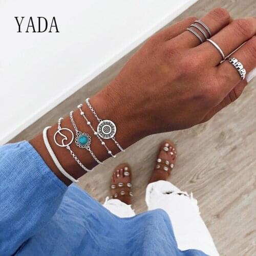 YADA INS 5 PCS/SET Silver color Wave Sign Bracelets&Bangles For Women Bracelets Charm Crystal Bohemian Jewelry Bracelet BT200023